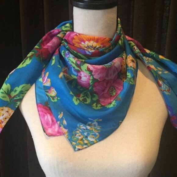 Vintage Silky Square Scarf in Blue with Beautiful Flowers - Picture 1 of 4